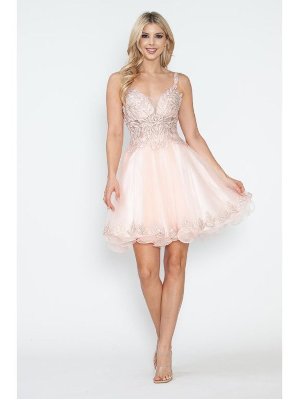 Clearance Blush Homecoming Tulle with Sequin Lace Bodice Flare Cocktail Dress